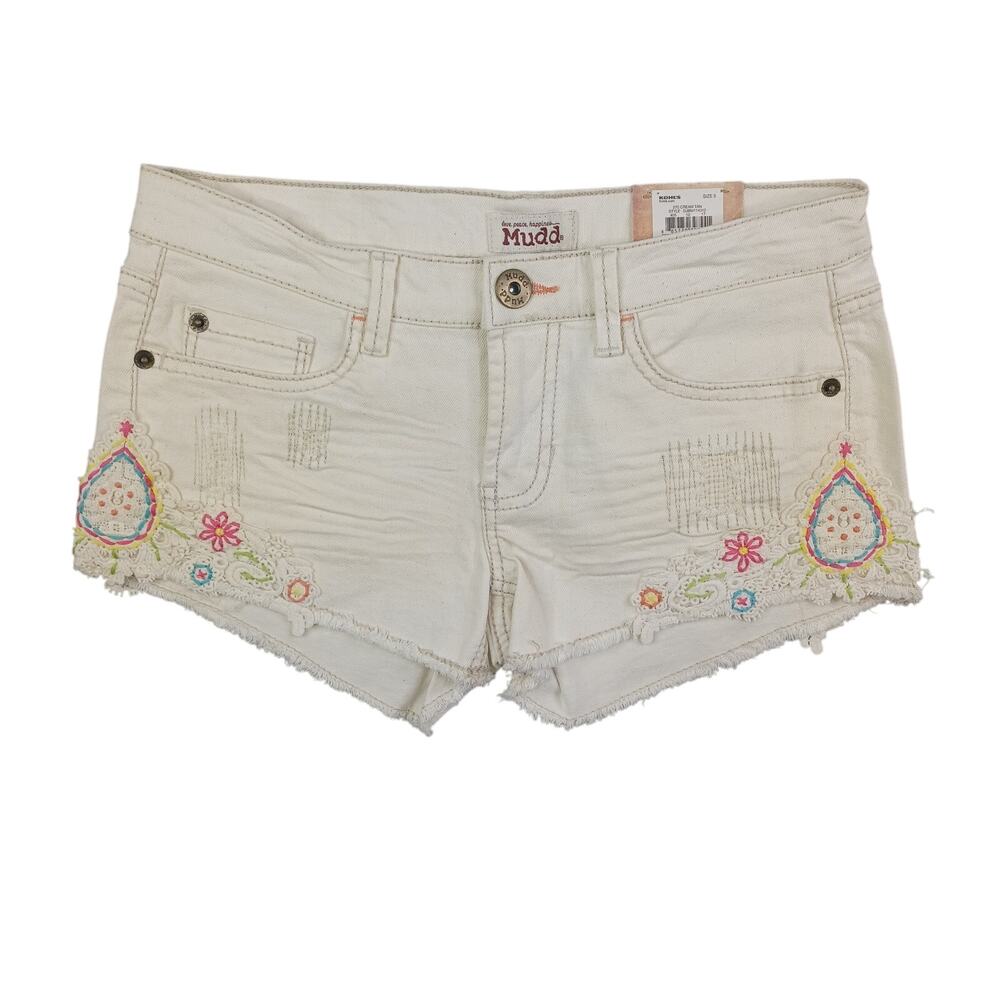 Y2K Mudd Crochet Low Denim Short Size 5 Cream Cutoff Shortie Festival Indie Boho